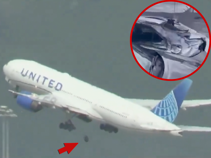 United Airways Flight Loses Tire on Takeoff, Vehicles Broken Under