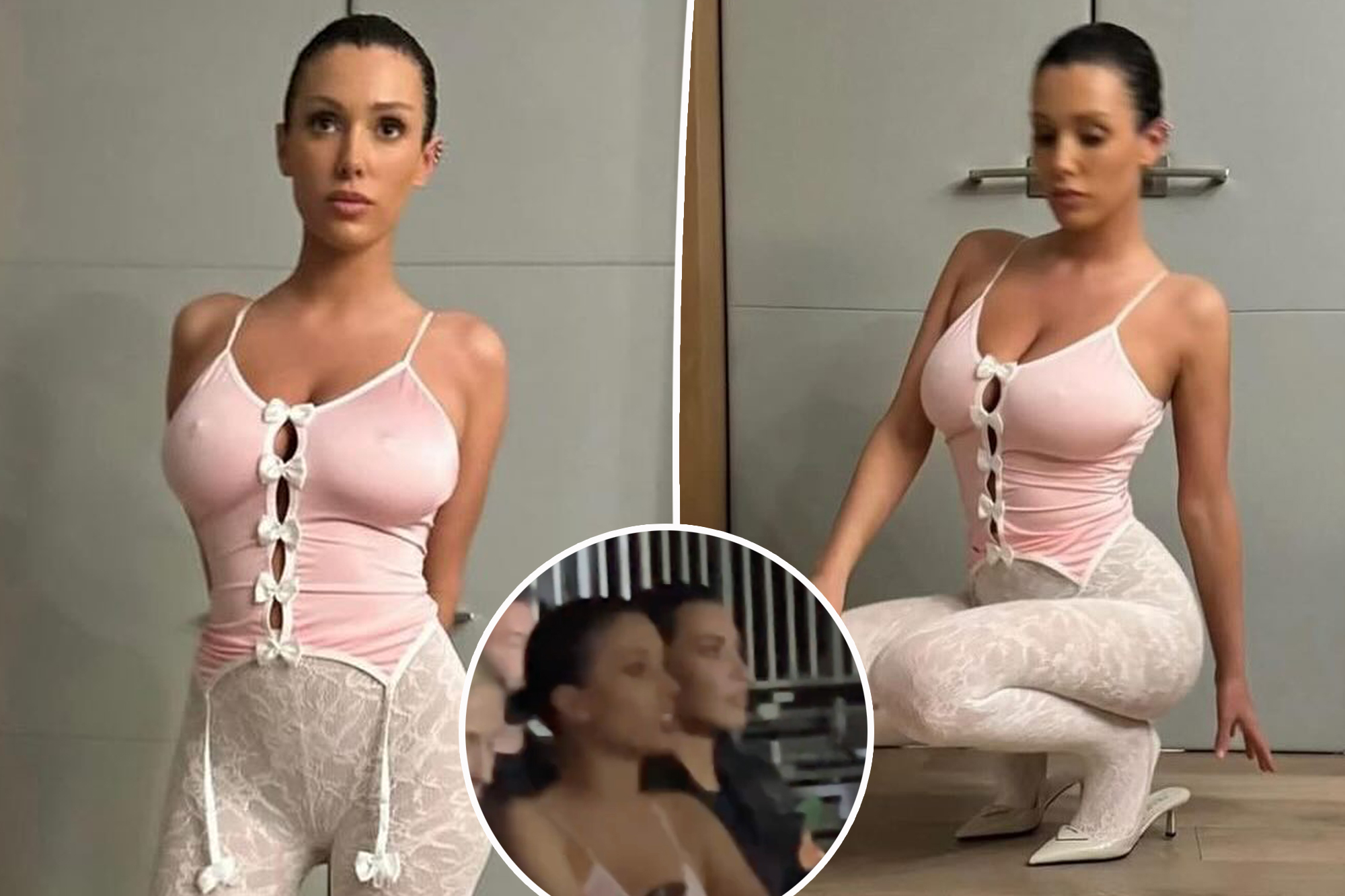 Bianca Censori sports activities tank prime and lace tights for Kanye West ‘Vultures’ occasion with Kim Kardashian