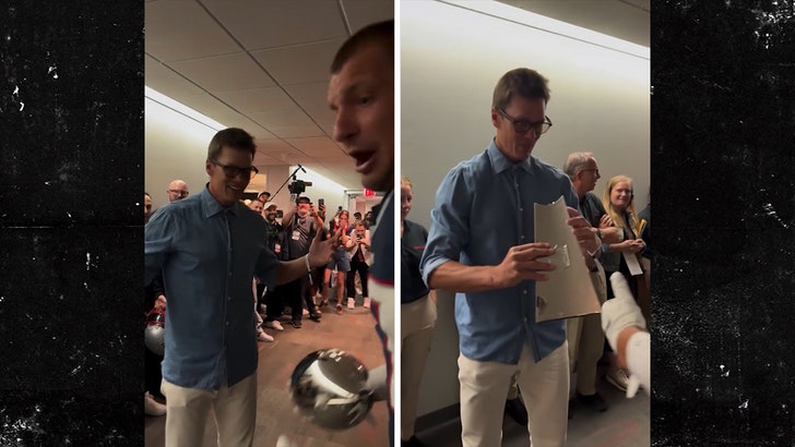 Tom Brady and Rob Gronkowski Break Lombardi Trophy at Fanatics Fest 2025